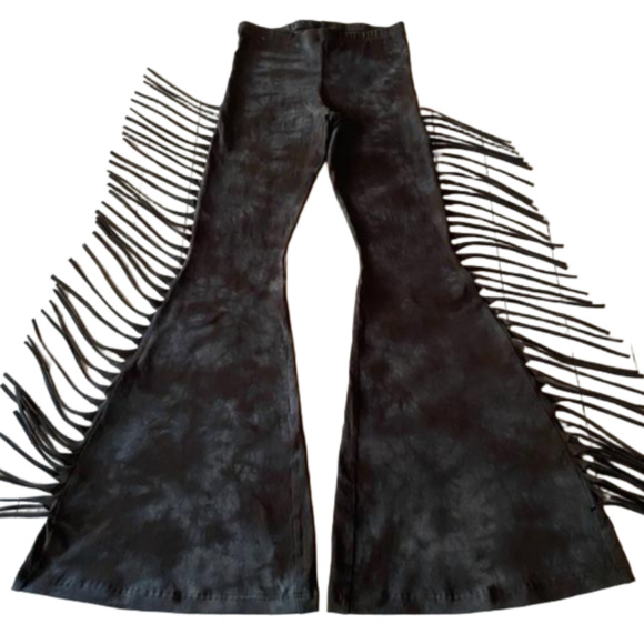 REGULAR LENGTH High Waisted Fringe Bell Bottoms in BLACK & GREY TIE DYE - Rocker - Picture 5 of 7